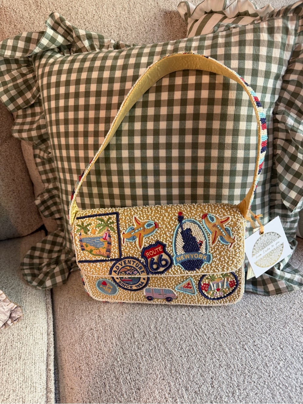 Yellow Beaded travel Patch Shoulder Bag NUC Route 66 statement purse